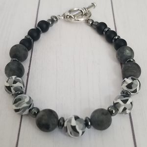 Black, grey, white, camo, silver beaded bracelet